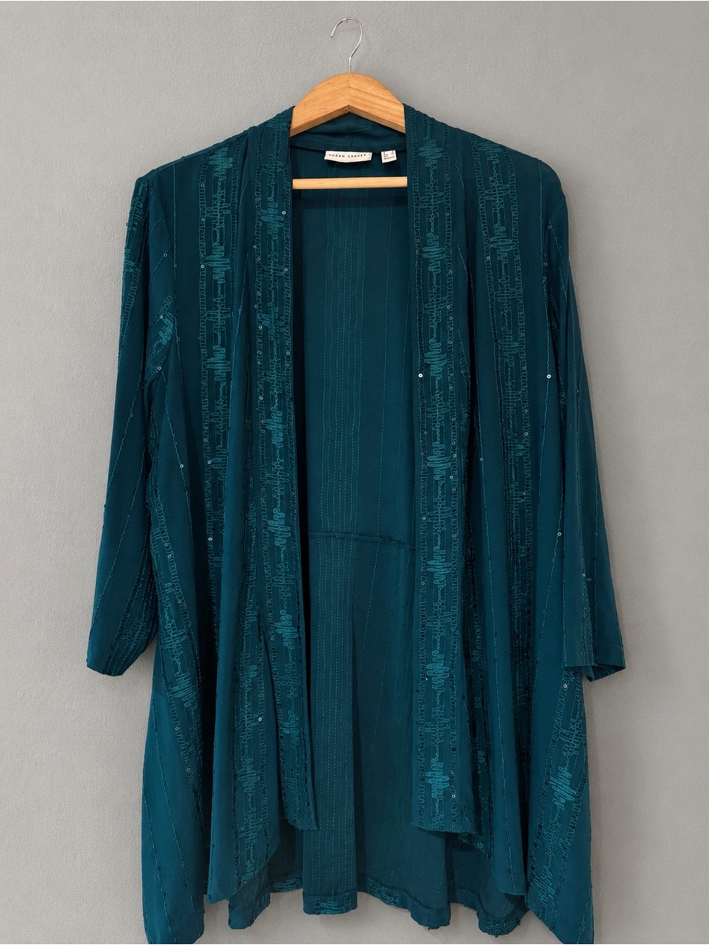 Susan Graver Teal/Green Embroidered Sequin Open Front Duster Jacket Women’s M